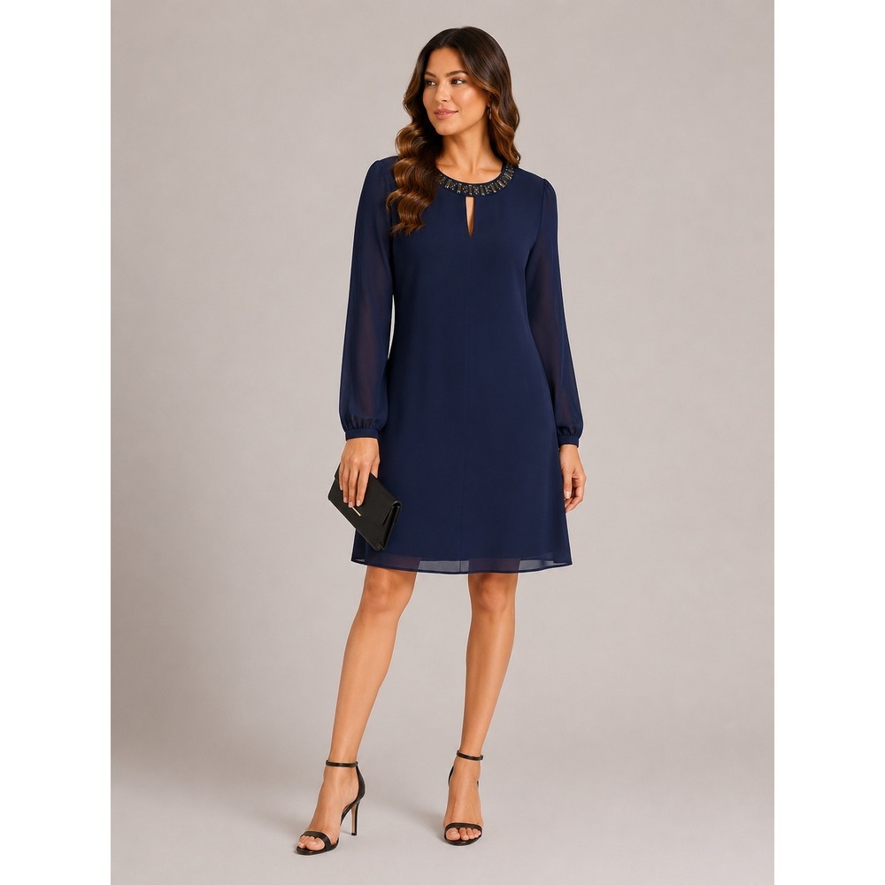 Bcbgmaxazria Janessa Beaded Neckline Shift Dress Long Sleeve Dress Navy Medium